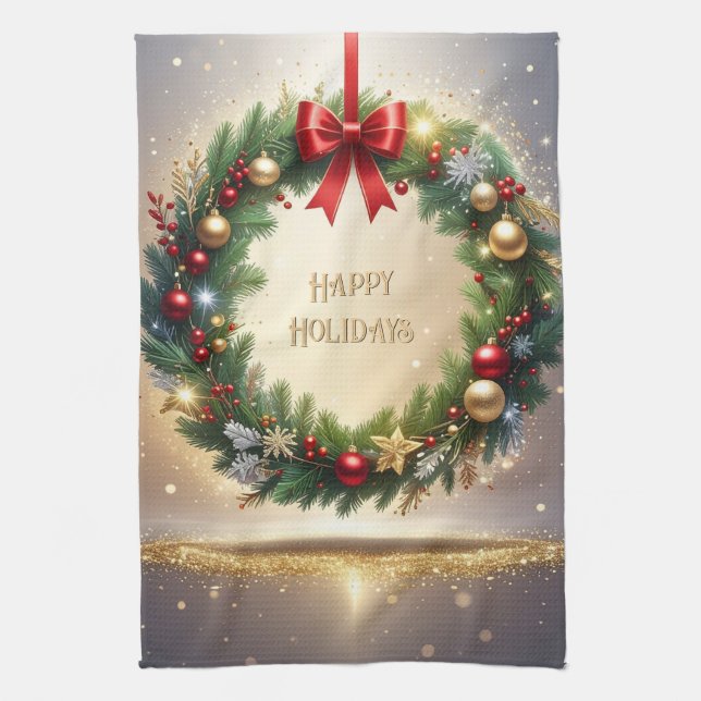 Festive Christmas Wreath Holiday Kitchen Towel (Vertical)