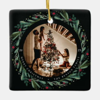 Festive Christmas Wreath Leaves Berries Pic Square Ceramic Ornament