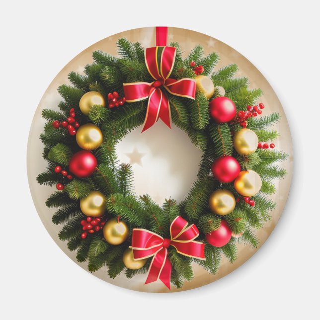 Festive Christmas Wreath on Starry Gold Magnet (Front)