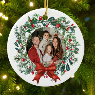 Festive Christmas Wreath Red Holly Photo Ceramic Tree Decoration