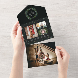 Festive Christmas Wreath Teal 4 Photo Holiday All In One Invitation