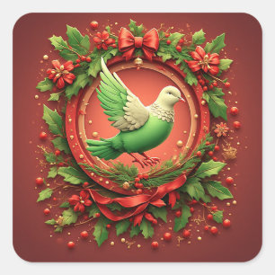 Festive Christmas Wreath With Green Dove Square Sticker