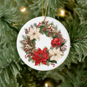 Festive Christmas Wreath with Poinsettia Ceramic Tree Decoration