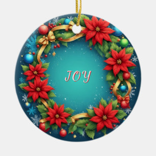 Festive Christmas Wreath with Red Poinsettias Ceramic Tree Decoration