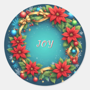 Festive Christmas Wreath with Red Poinsettias Classic Round Sticker