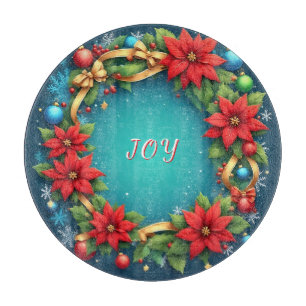 Festive Christmas Wreath with Red Poinsettias Cutting Board