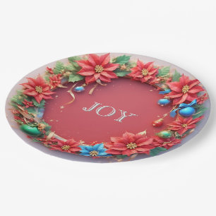 Festive Christmas Wreath with Red Poinsettias Paper Plate