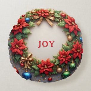 Festive Christmas Wreath with Red Poinsettias Round Cushion