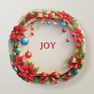 Festive Christmas Wreath with Red Poinsettias Round Cushion
