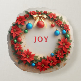Festive Christmas Wreath with Red Poinsettias Round Cushion