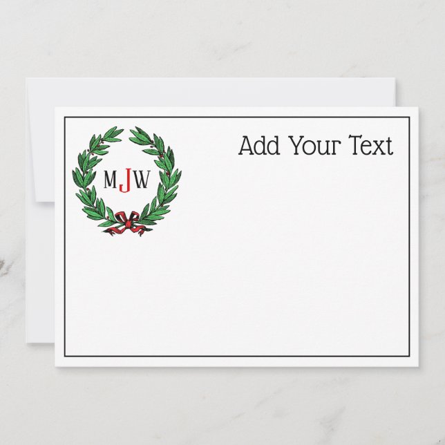 Festive Christmas Xmas Holly Wreath Monogram Holiday Card (Front)
