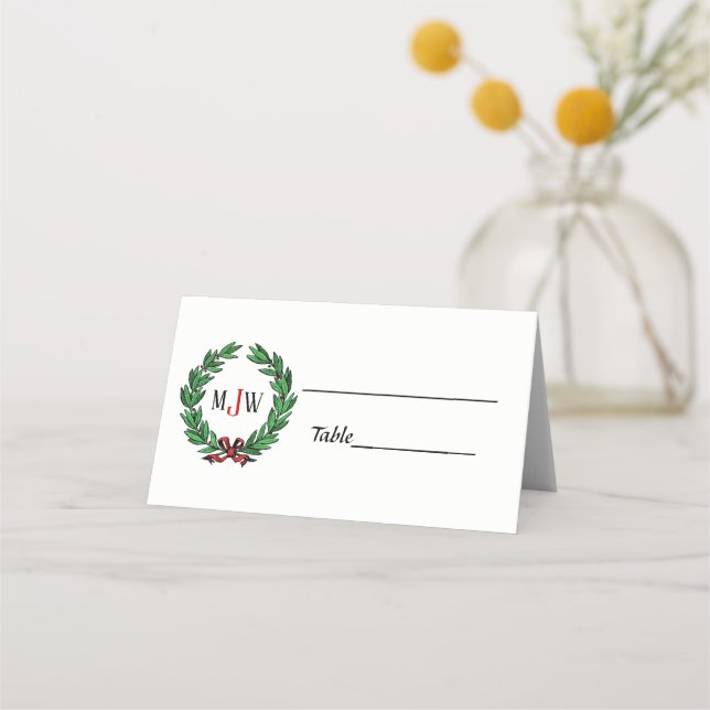 Festive Christmas Xmas Holly Wreath Monogram Place Card (Back)