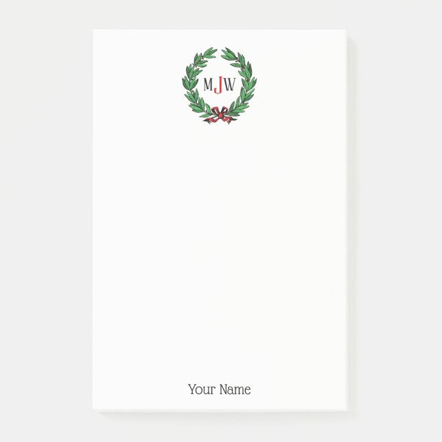 Festive Christmas Xmas Holly Wreath Monogram Post-it Notes (Front)