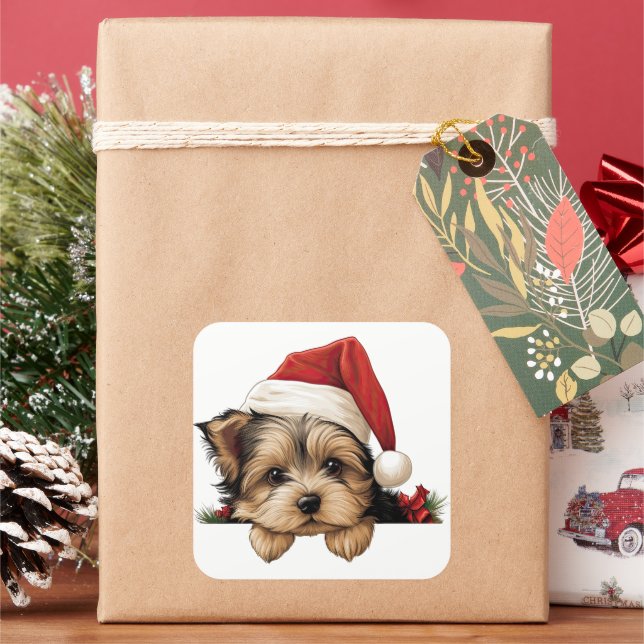 Festive Christmas Yorkshire Terrier Square Sticker (Holiday)