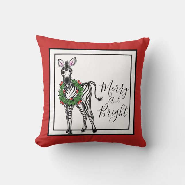Festive Christmas Zebra, red green Holly wreath  Cushion (Front)
