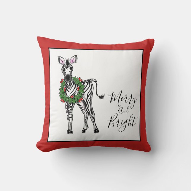 Festive Christmas Zebra, red green Holly wreath  Cushion (Front)
