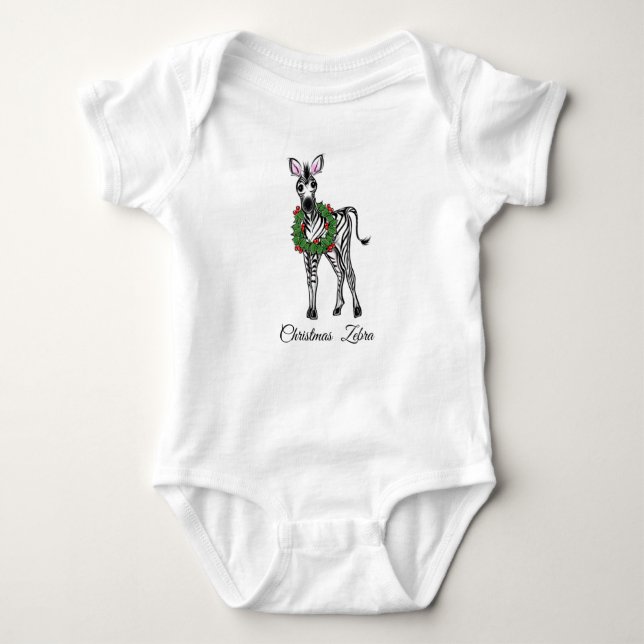 Festive Christmas Zebra, red green wreath Baby Bodysuit (Front)
