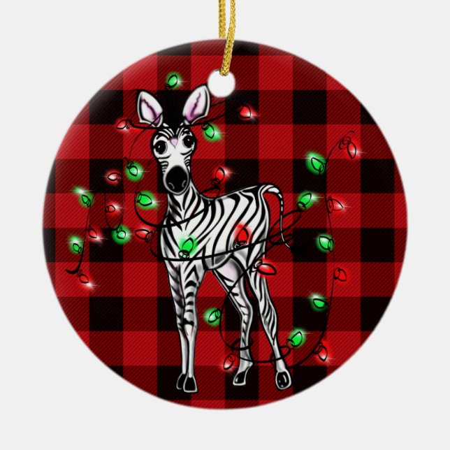 Festive Christmas Zebra, xmas wreath, red plaid Ceramic Tree Decoration (Front)