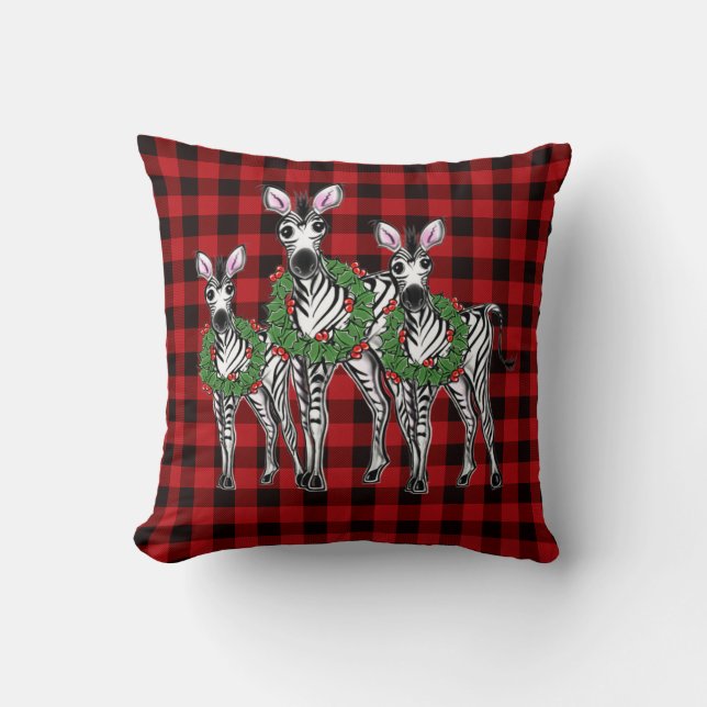 Festive Christmas Zebras, xmas wreath, red plaid Cushion (Front)
