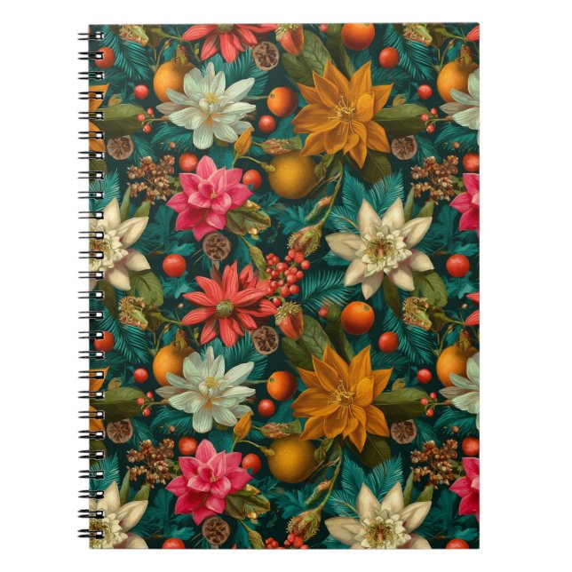 Festive Citrus & Winter Floral Christmas Pattern Notebook (Front)
