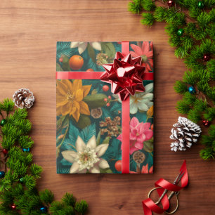 Festive Citrus & Winter Floral Christmas Pattern Wrapping Paper