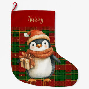 Festive Classic Red Green Gold Tartan Penguin Large Christmas Stocking