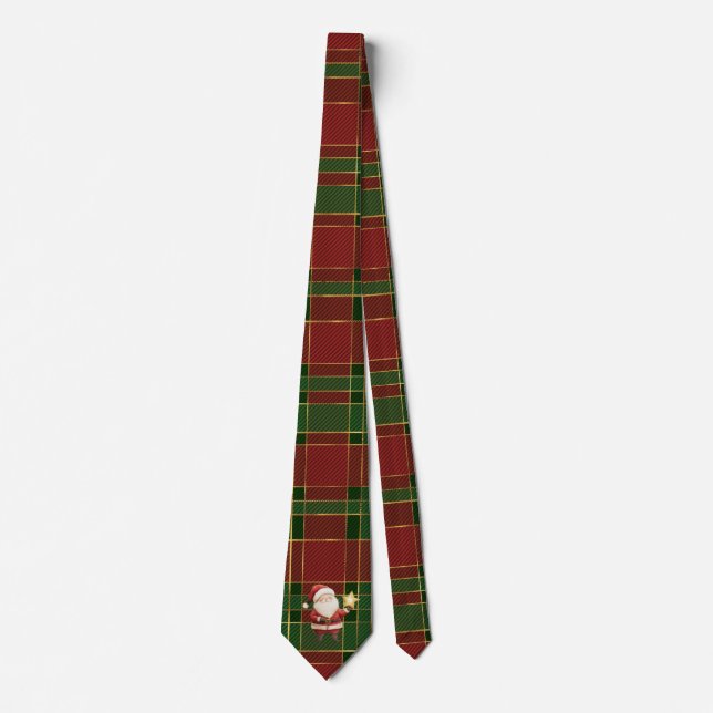 Festive Classic Red Green Gold Tartan Santa Claus Tie (Front)