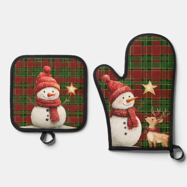 Festive Classic Red Green Gold Tartan Snowman Oven Mitt & Pot Holder Set (Front)
