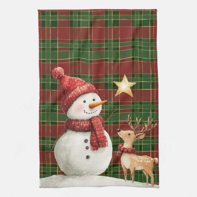 Festive Classic Red Green Gold Tartan Snowman Tea Towel (Vertical)
