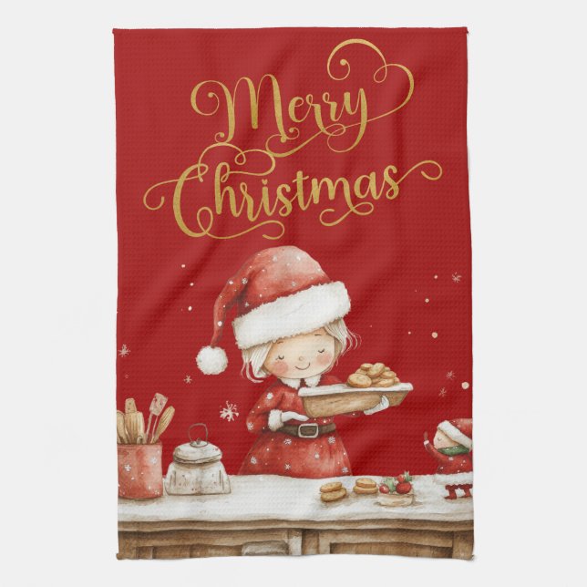 Festive Classic Red Mrs Claus Christmas Baking Tea Towel (Vertical)