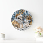 Festive clock with Santa and reindeer<br><div class="desc">A beautifully crafted clock features Santa Claus dressed in ornate gold and white robes,  seated beside a serene reindeer.</div>