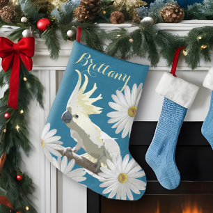 Festive Cockatoo With Daisy Flowers Vibrant Parrot Large Christmas Stocking