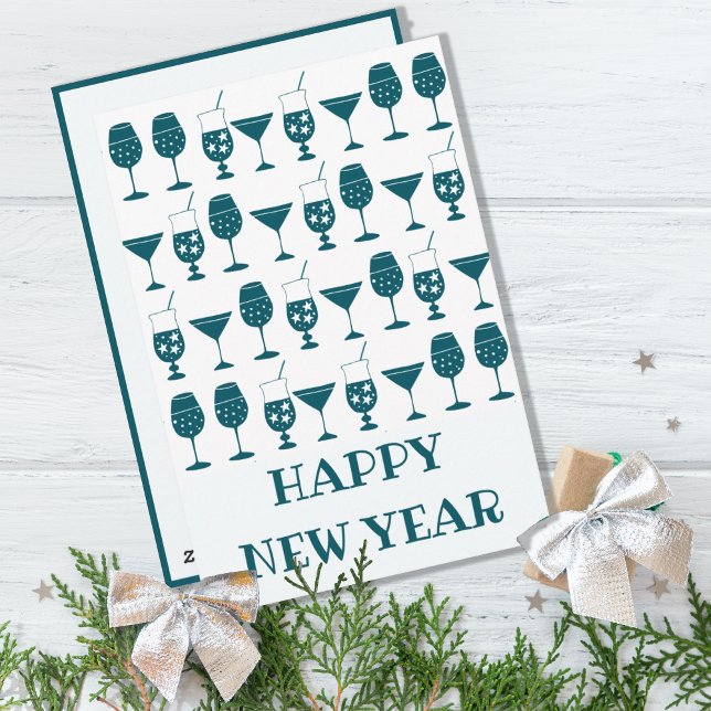 Festive Cocktail Party Drinks Happy New Year Holiday Card (CUTE RETRO COCKTAIL GLASSES HAPPY NEW YEAR HOLIDAY GREETING CARD)