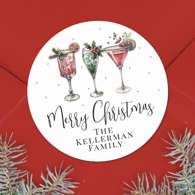 Festive Cocktails Merry Christmas Classic Round Sticker (Festive Cocktails Merry Christmas Classic Round Sticker)