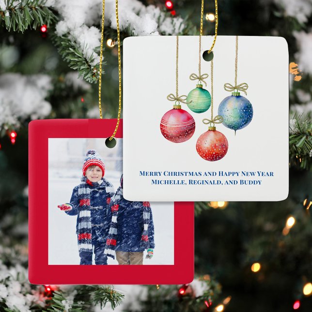 Festive Colorful Christmas Ornaments Custom Photo (Christmas Photo Ornaments with cute watercolor colorful ornaments.)
