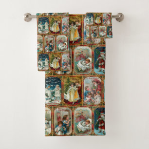 Festive Colorful Ornate Victorian Christmas Cards Bath Towel Set