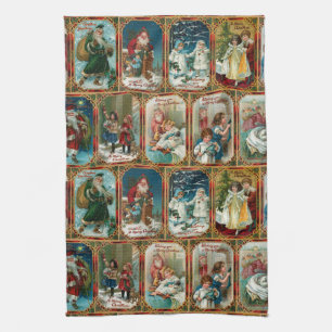 Festive Colorful Ornate Vintage Christmas Scenes Tea Towel