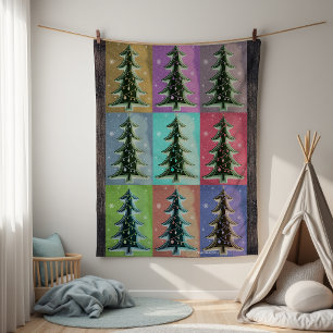 Festive Colorful Retro Personalized Xmas Trees Fleece Blanket