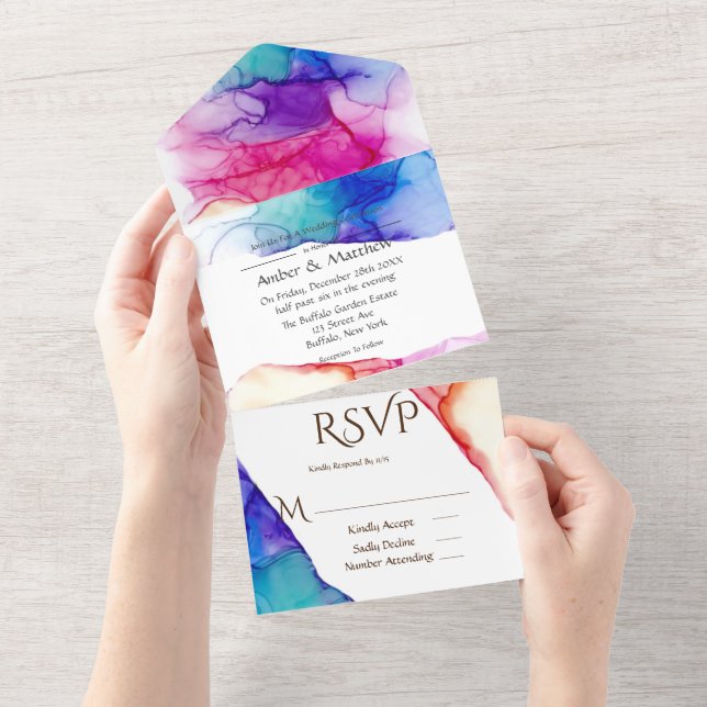 Festive Colourful Alcohol Ink Wedding  All In One Invitation (Tearaway)