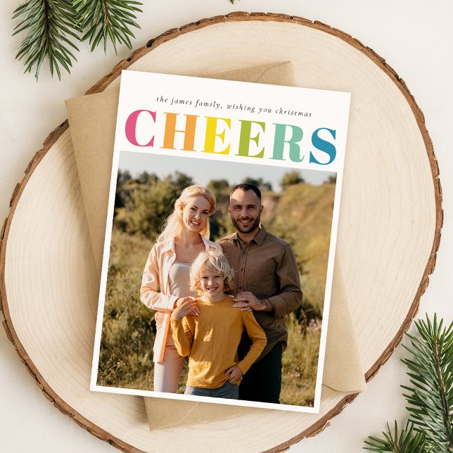 Festive Colourful Cheers Christmas Four Photo Holiday Card (Creator Uploaded)