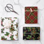 Festive Colourful Christmas Holly and Plaid Wrapping Paper Sheet<br><div class="desc">Bright,  festive and colourful repeating holly pattern,  editable black or white background,  and coordinating elegant red and green tartan pattern.</div>
