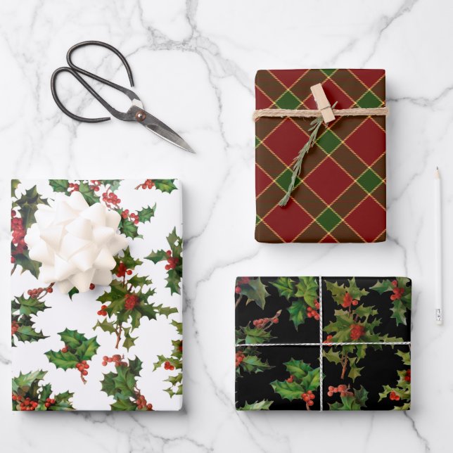 Festive Colourful Christmas Holly and Plaid Wrapping Paper Sheet (Front)