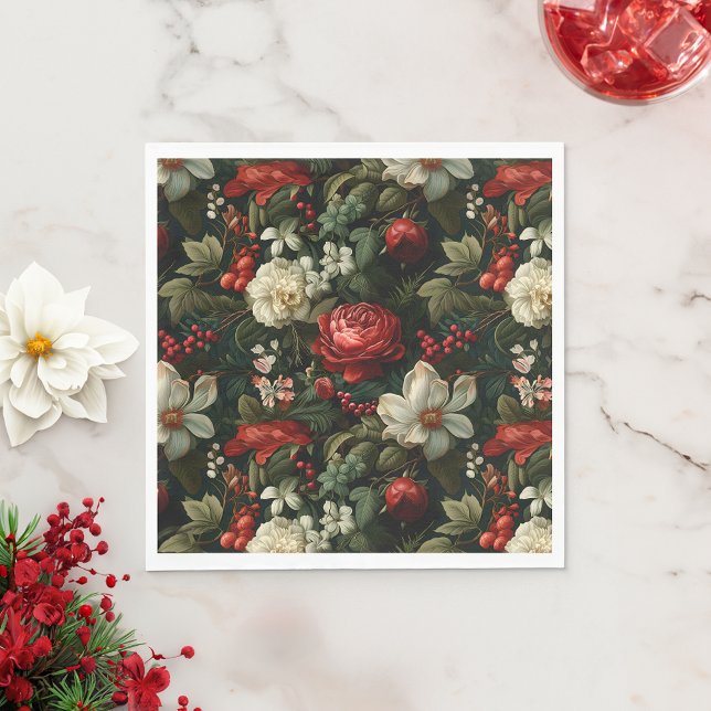 Festive Colourful Christmas Roses, Pine and Holly Napkin (Creator Uploaded)