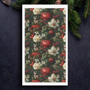 Festive Colourful Christmas Roses, Pine and Holly Napkin