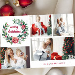 Festive Colourful Christmas Wreath Photo Collage Holiday Card<br><div class="desc">This charming festive design features a four-photo template with colourful rose and holly wreath with "merry christmas" text.</div>