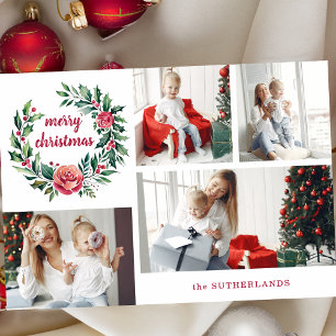 Festive Colourful Christmas Wreath Photo Collage Holiday Card