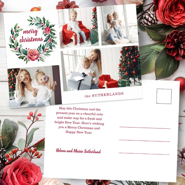 Festive Colourful Christmas Wreath Photo Collage Holiday Postcard (Creator Uploaded)