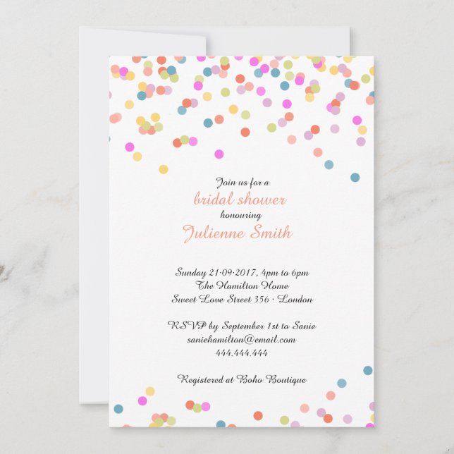 Festive Colourful Confetti Bridal Shower Invitation (Front)