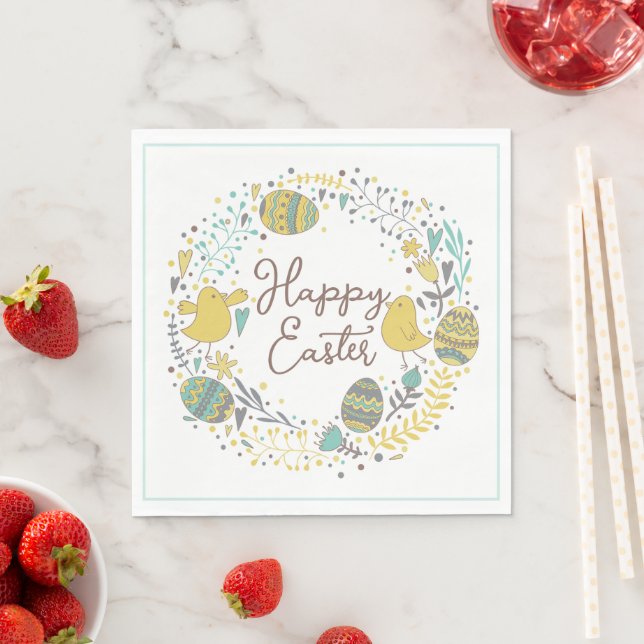 Festive Colourful Happy Easter Chicks & Wreath Napkin (Insitu)