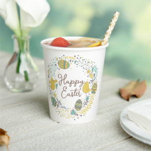 Festive Colourful Happy Easter Chicks & Wreath Paper Cups